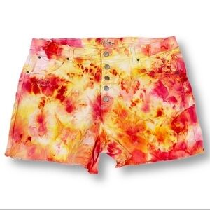 Hand crafted ice dye high rise plus size denim jean shorts size 20 orange yellow